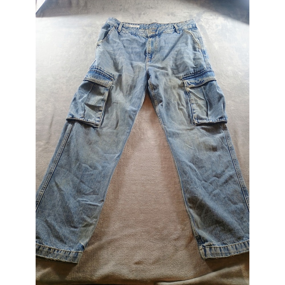 Zara Mens Cargo Jeans Light Wash Blue 36 Relaxed Utility Denim